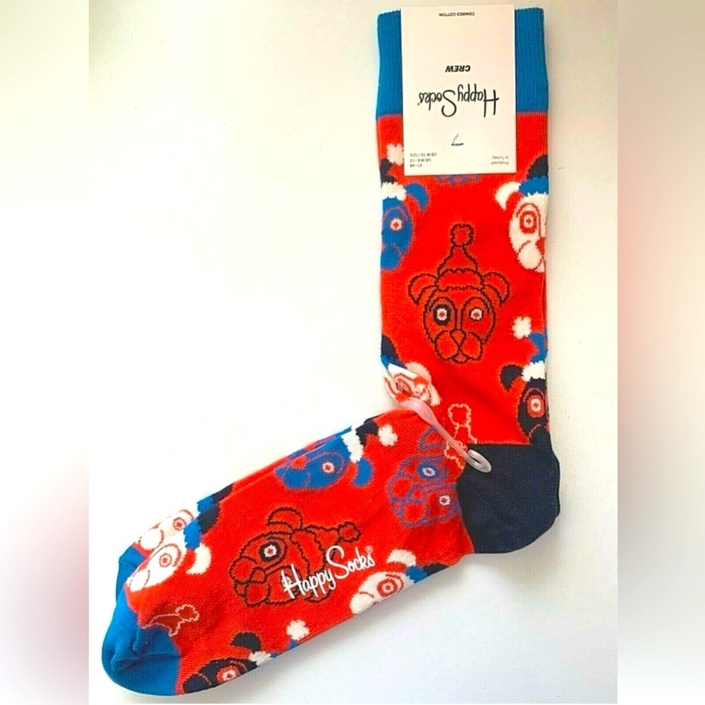 HAPPY SOCKS Mens 8 12 L PUG DOG Faces Hat Crew WINTER Red Blue Cotton Blend NWT